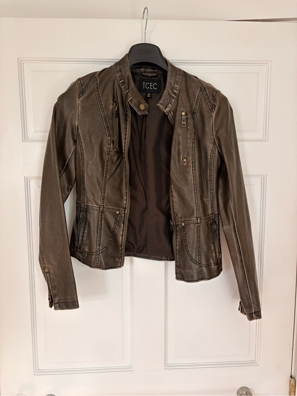 TCEC Women's Metallic Brown Faux Leather Moto Jacket with Zip Pockets